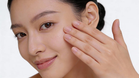 Woman touching clear glowing skin after using alpha arbutin serum for dark spots and pigmentation.