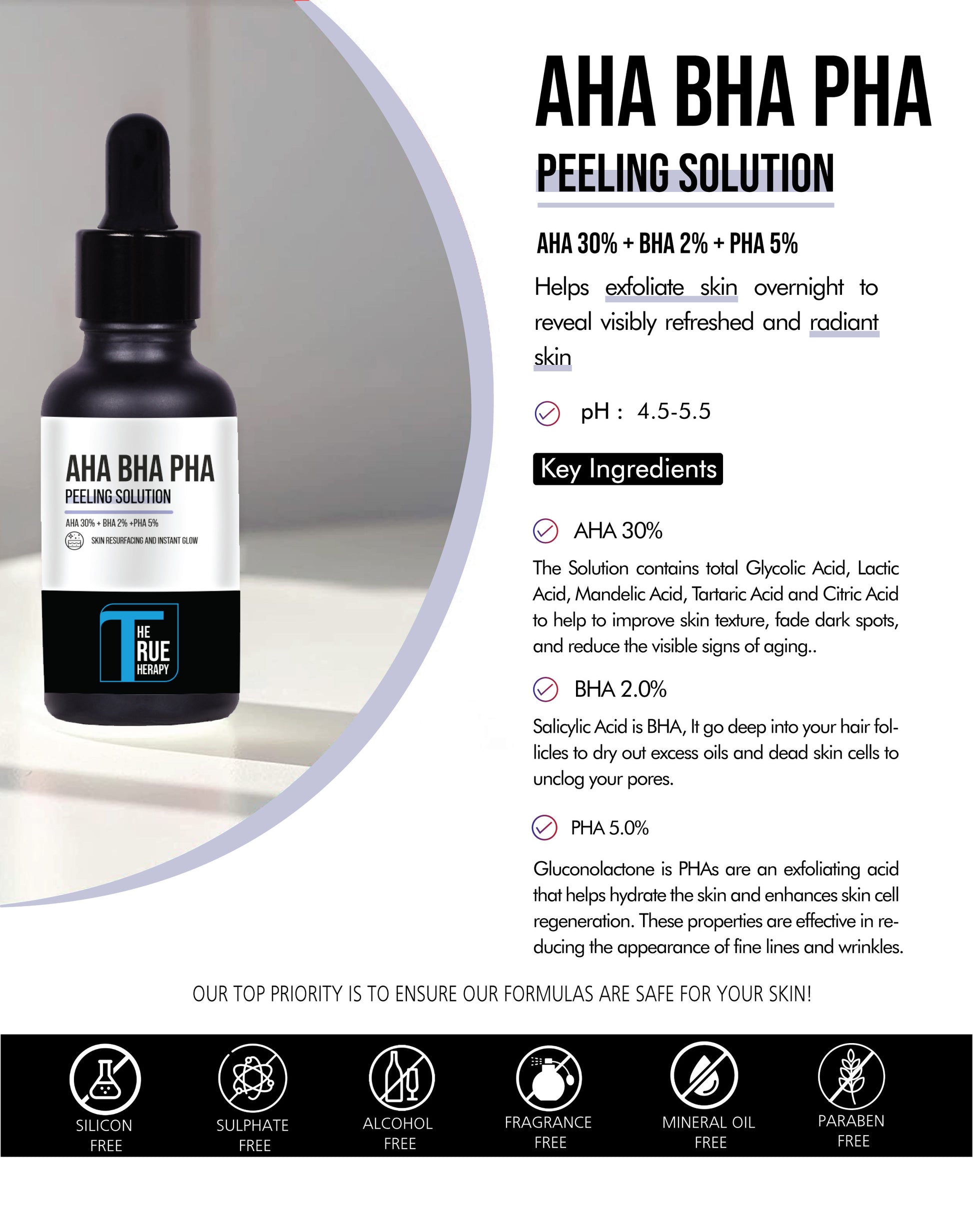 AHA BHA PHA 30% Peeling Soultions Key Ingredients | The True Therapy