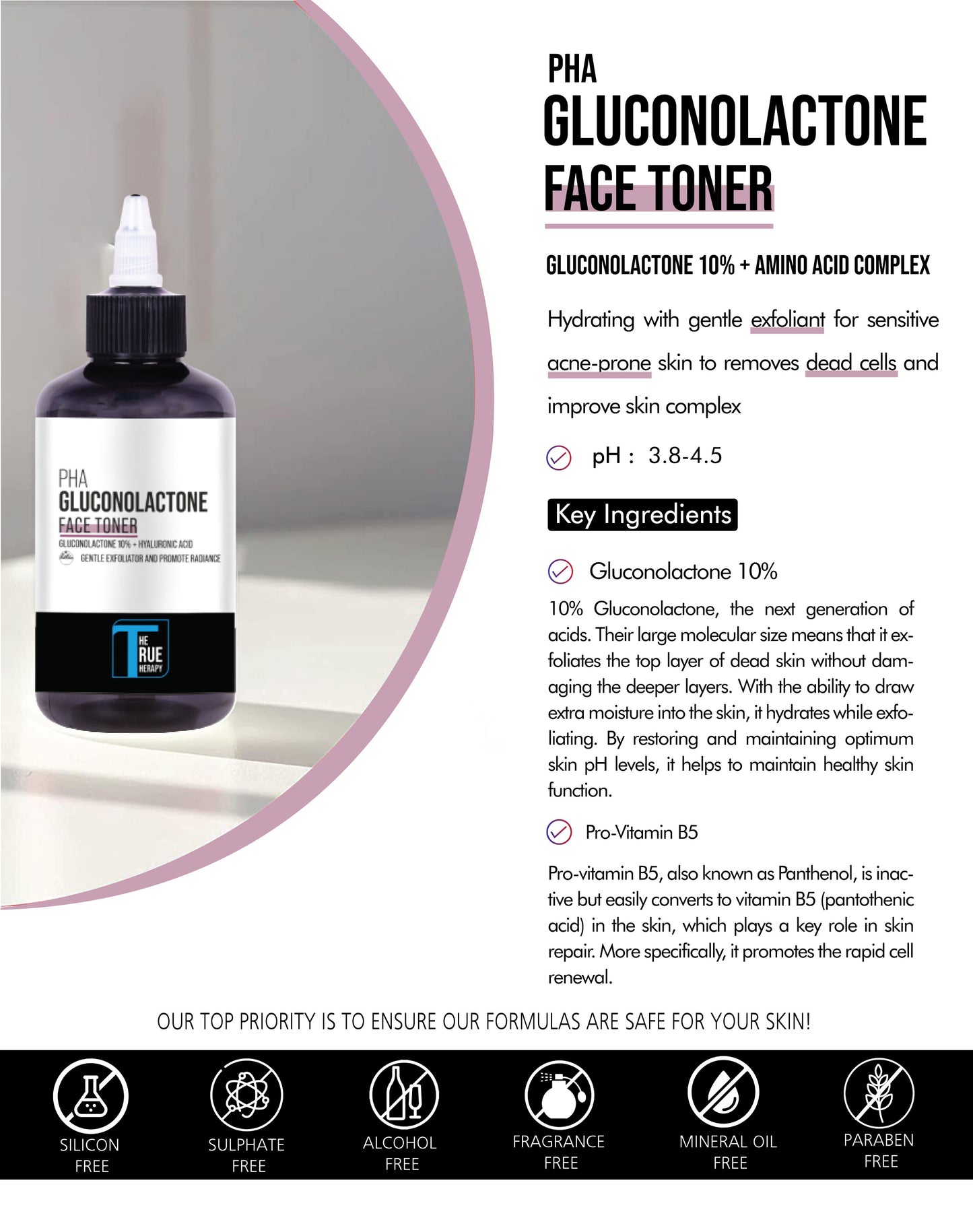 PHA GLUCONOLACTONE 10% FACE TONER Key Ingredients | The True Therapy